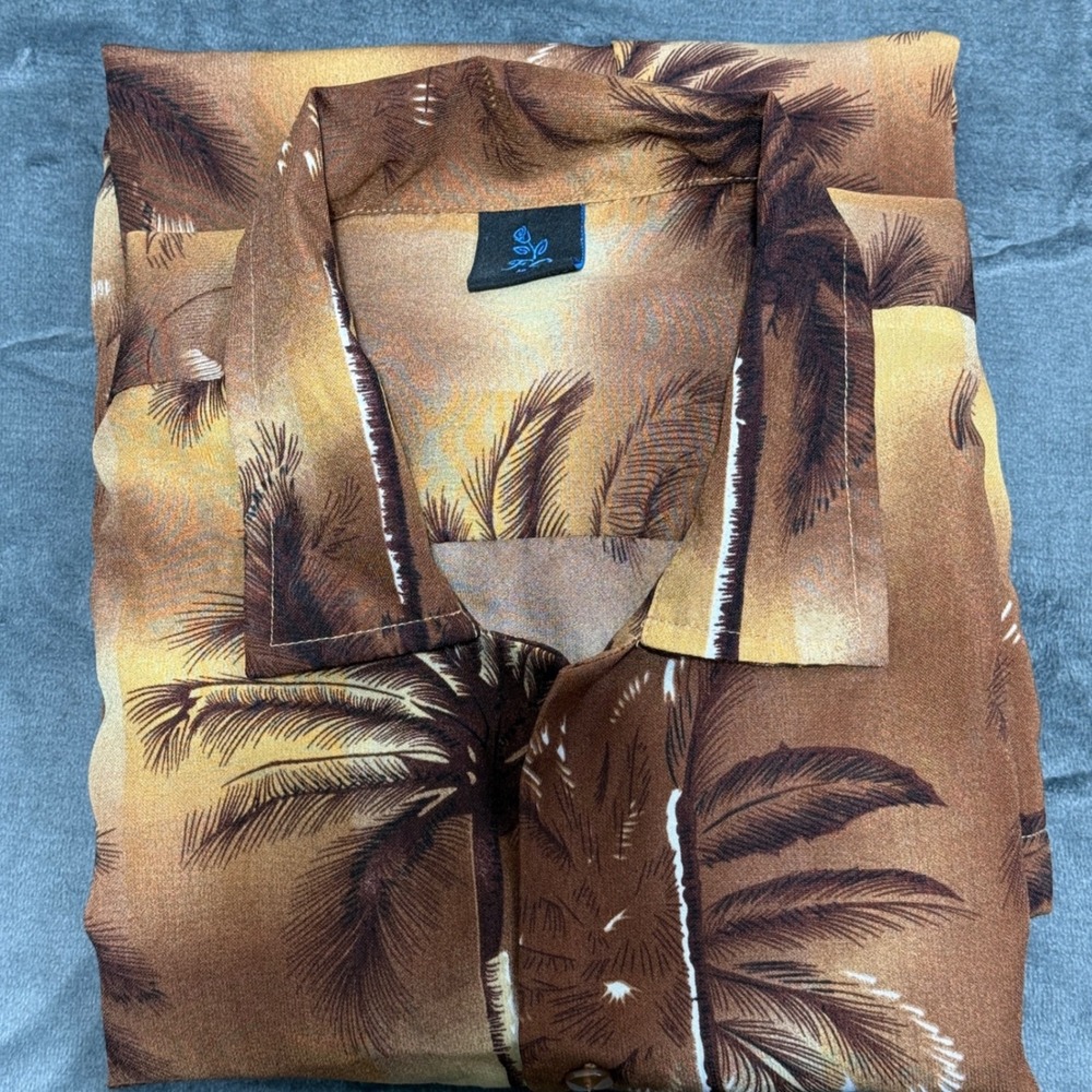 FC Hawaiian Palm Tree Sunset Shirt Mens Large Brown Short Sleeve Rayon‎ Blend